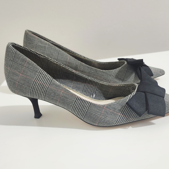 Zara Women’s Black Gray Plaid Bow Mini Heels EU 36 Pumps Office Career Shoes - Picture 14 of 16